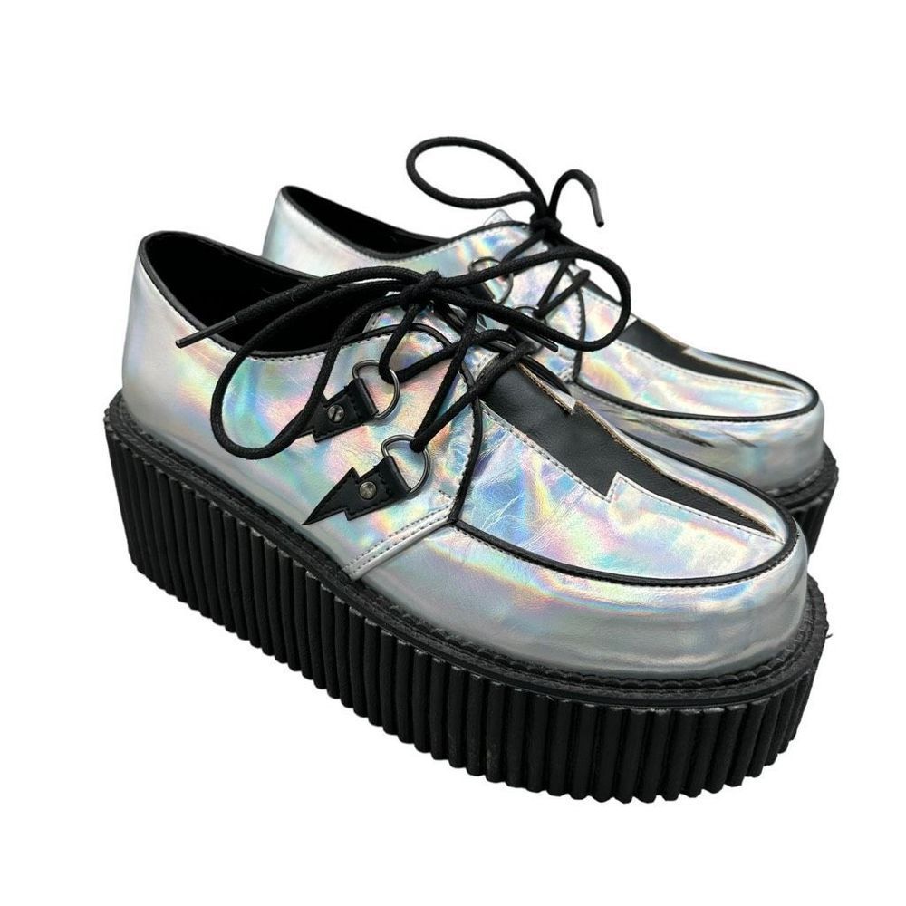 DEMONIA | Silver holographic lightning bolt platform creeper women’s shoes